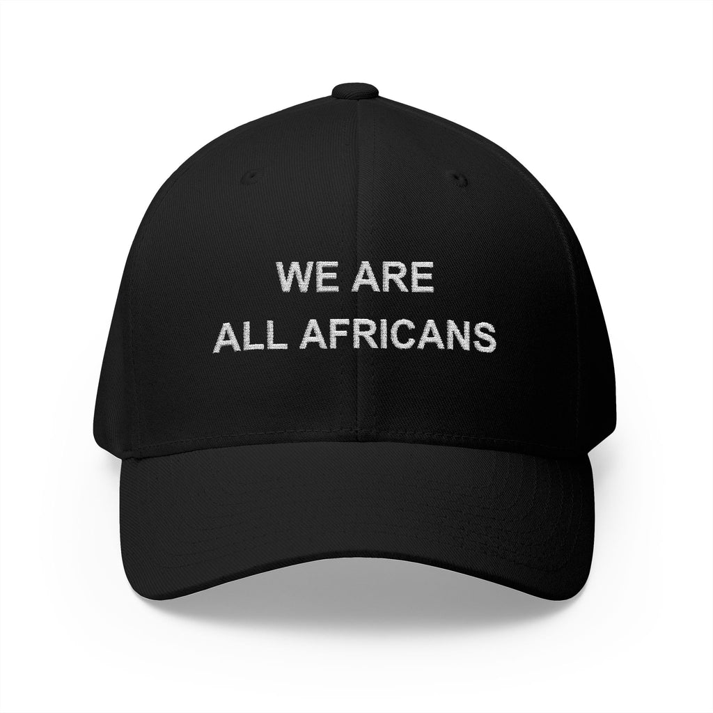 Black structured cap with “We Are All Africans” embroidered in cream thread — Iska Press, WE ARE Drop 01